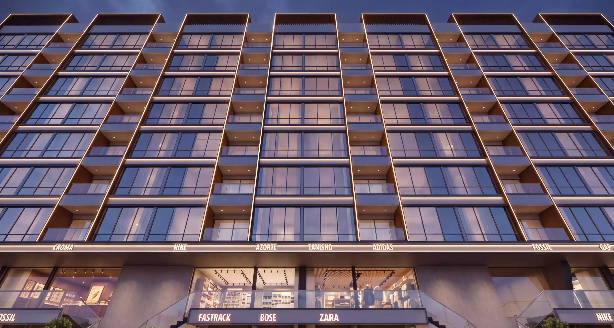 Uptown Plaza Ambegaon - the frontage from street level, shops below the residential floors