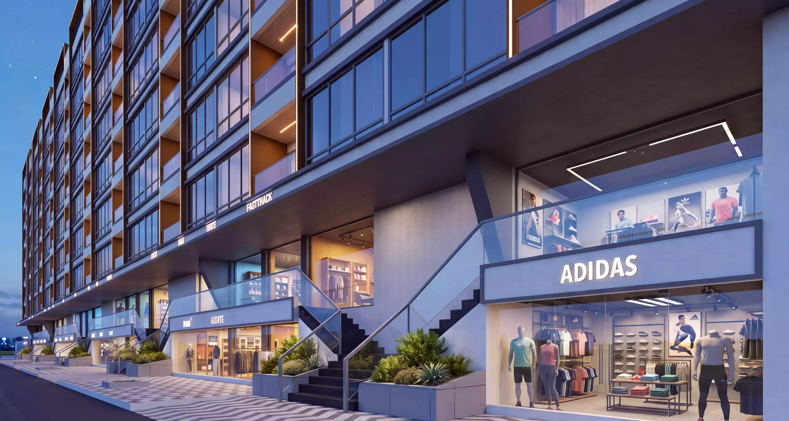 Uptown Plaza Ambegaon - Upper Ground Floor shopfronts reached by external stairs from the paved promenade