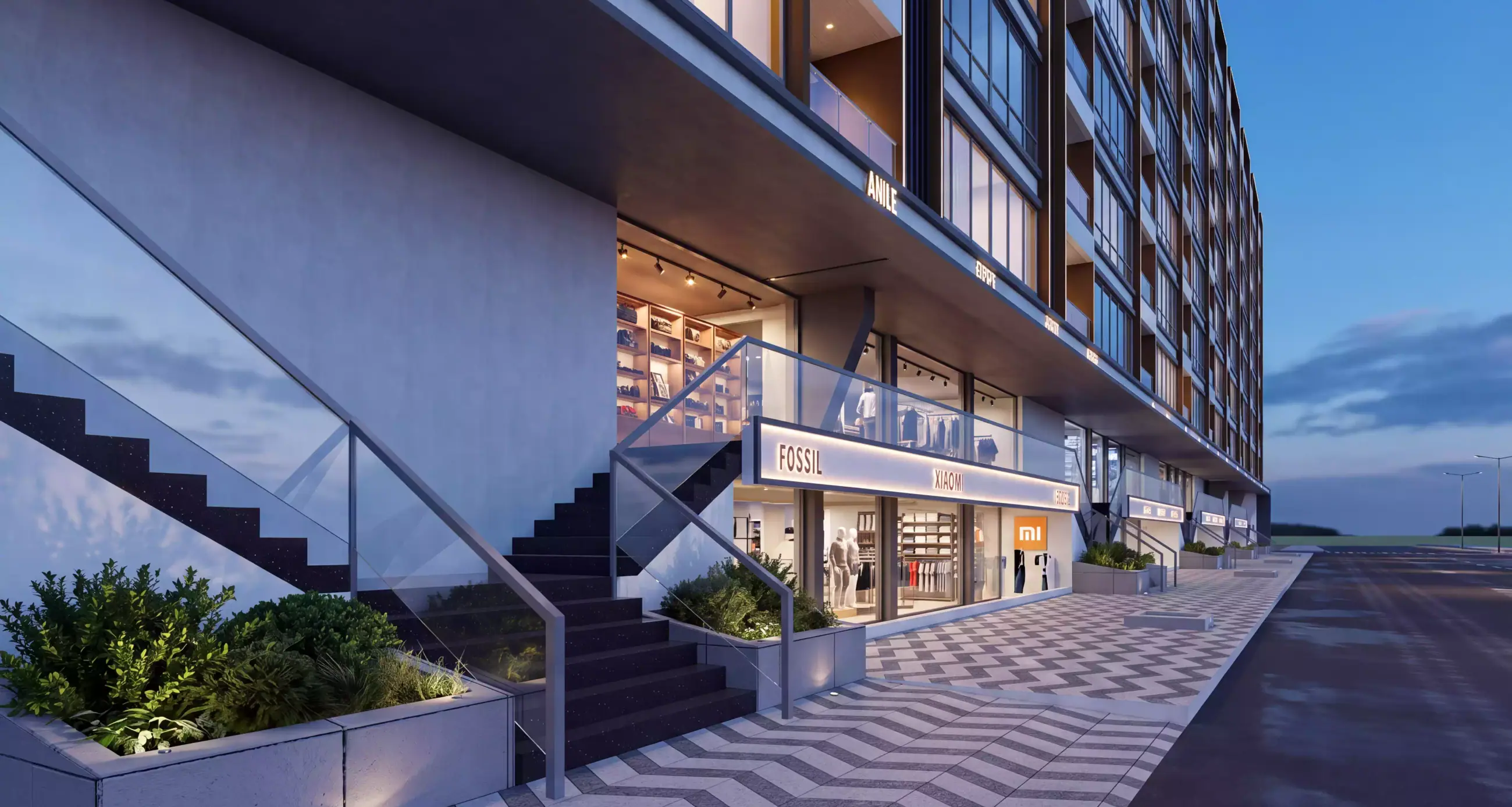 Uptown Plaza Ambegaon - street-level perspective along the chevron-paved retail promenade